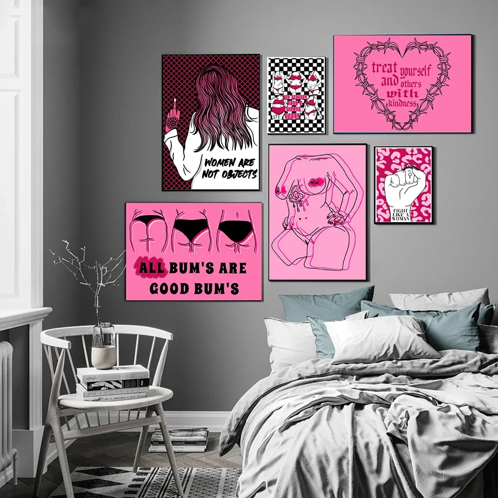 Pink Quote Abstract Nude Girl Sexy Chest Canvas Paitning Feminist Body Shape Positive Art Bar Mural Poster Print Room Home De
