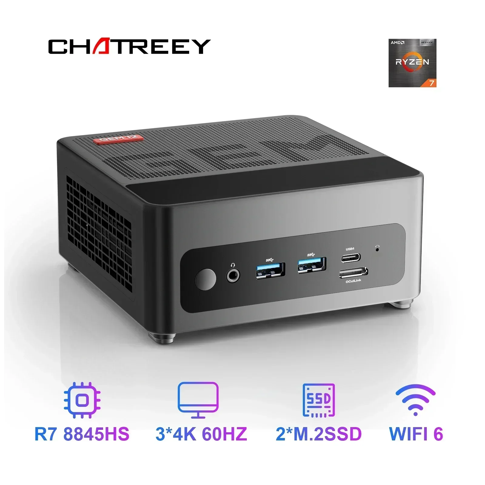 Chatreey GEM Mini PC R7 7840HS 780M R9 6900HX 680M komputer stacjonarny do gier z WiFi 6/Bluetooth 5.2/OCuiLink/HDMI/DP/USB 4.0