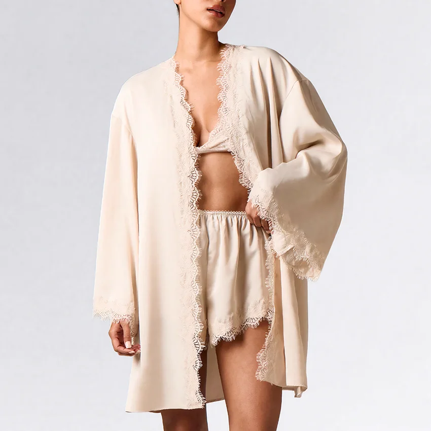 

HiLoc Home Bow Print Lace 3 Piece Casual Spaghetti Strap Bra Short Sleeve Blouse With High Waist Shorts Elegant Sleepwear 2026