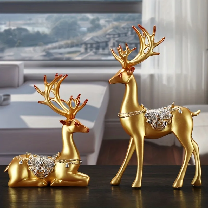 1 Pair Nordic Light Luxury Golden Deer Couple Resin Crafts for Home Wine Cabinet Decoration and Living Room Relocation Gift