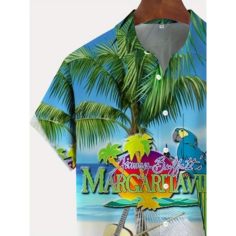 Beach And Letter 3D Graphic Print Men's Fashion Short Sleeve Lapel Hawaiian Shirt, Summer Holiday Top