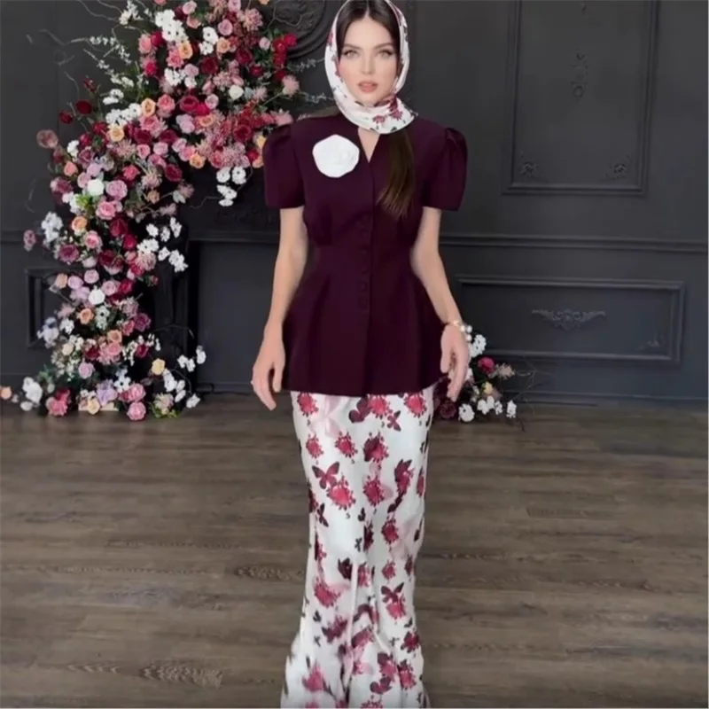 

Arabia Prom Dress With Scarf 2 Pcs Women Suit Skirt Set Blazer+3D Flower Party Gown Formal Wedding Evening Birthday Robe