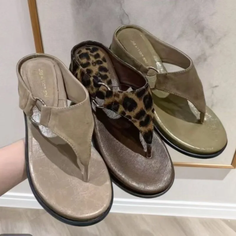 Retro Platform Inside Heightened round head Slippers Women Summer Outside Wear  flip-flops Heel Wedge Pin-in Slide Sandals