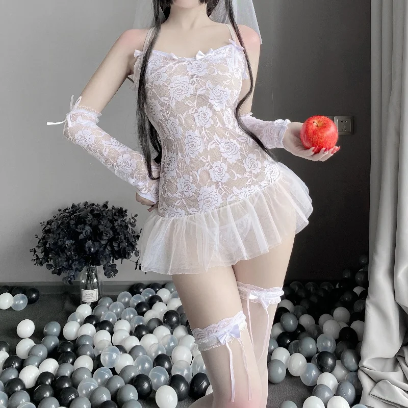 Erotic Lingerie Cosplay Bride Uniform Super Lace Mesh Wedding Dress Sheer Dress Couple Game Cosplay Costume Set FashionOutfits18