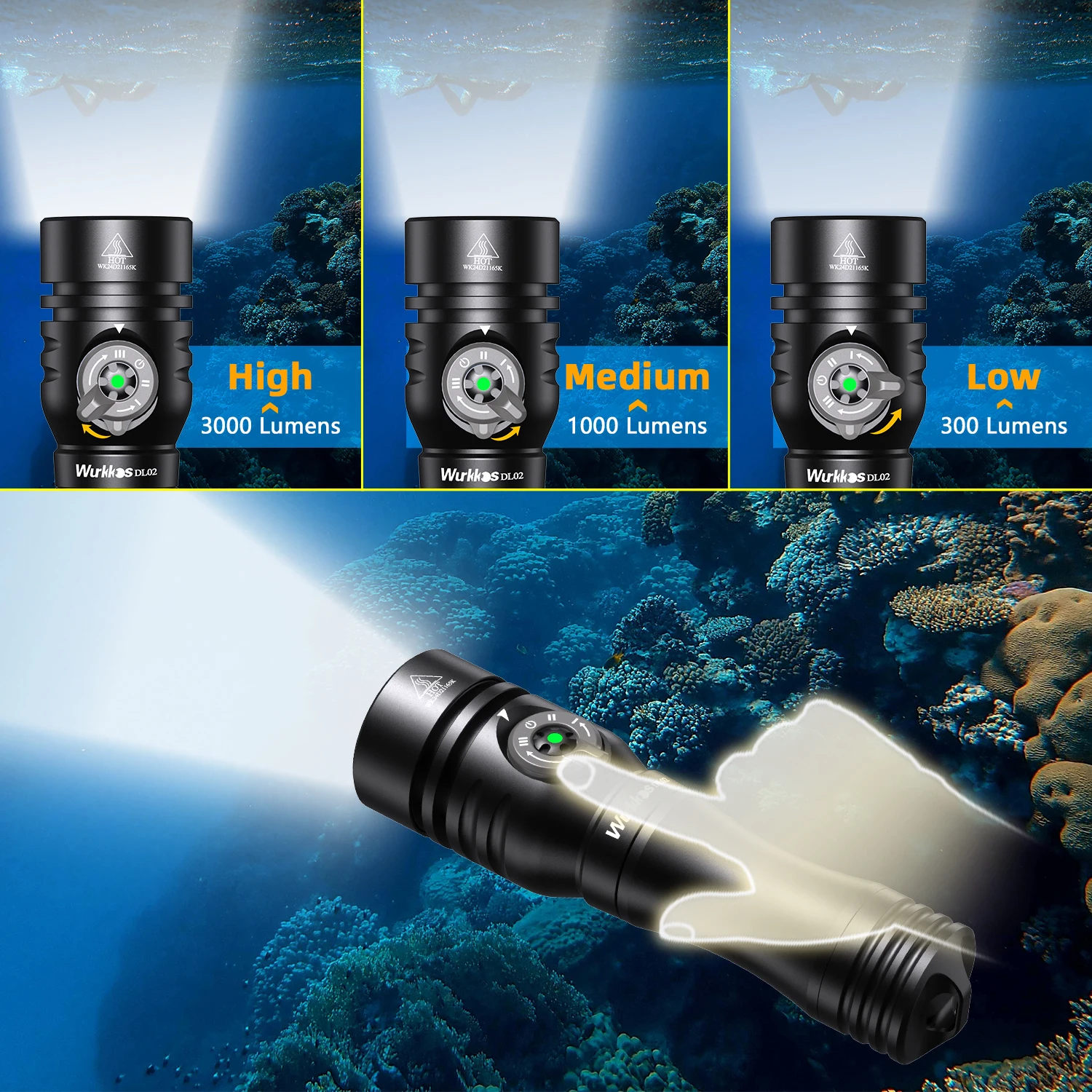 Wurkkos DL02 Diving flashlight 3000LM 496M Long Range Underwater Flashlight with Rotary Magnetic Switch for Cave Exploration