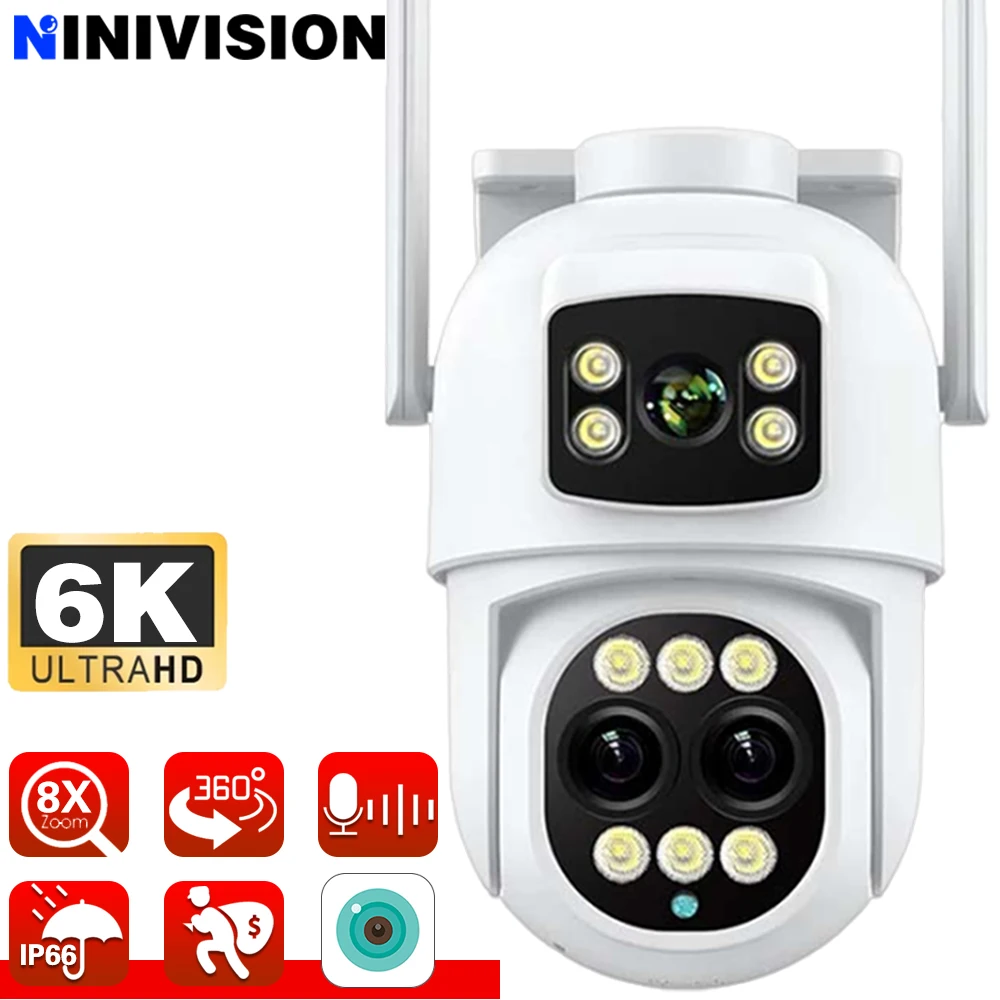 

12MP WiFi Camera Outdoor 8X Zoom Security Camera 4K Video Surveillance Three Lens Dual Screen PTZ ICsee Alexa NVR Security CCTV