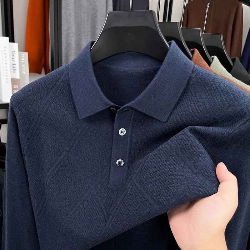 

Men's Autumn Pure Cotton Long Sleeve T-Shirt Business Casual Turned-Down Collar Polo Shirt Dad Style Loose Fit Top