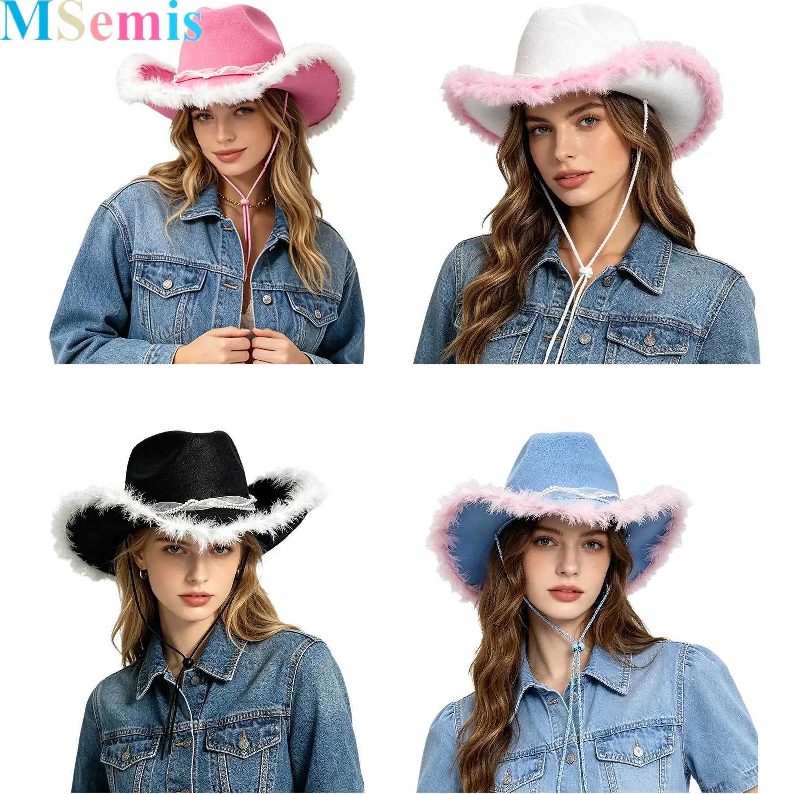 

Women Cowboy Hat Cowgirl Hat Plush Trim Wide Brim Faux Pearl Decor Drawstring Hat Fancy Dress Birthday Party Gift Headgear