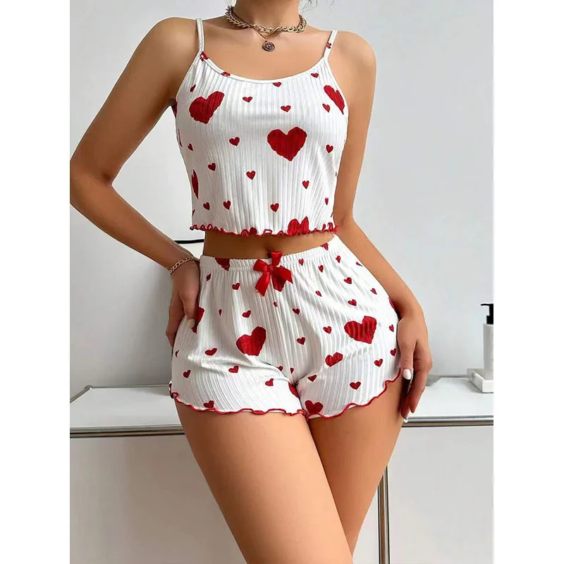 Damen-Pyjama-Set, Nachtwäsche, 2-teilig, kurze Tanktops und Shorts, S, M, L, weiß, belüftet, weich, lässig, Liebesdruck – Detail 11
