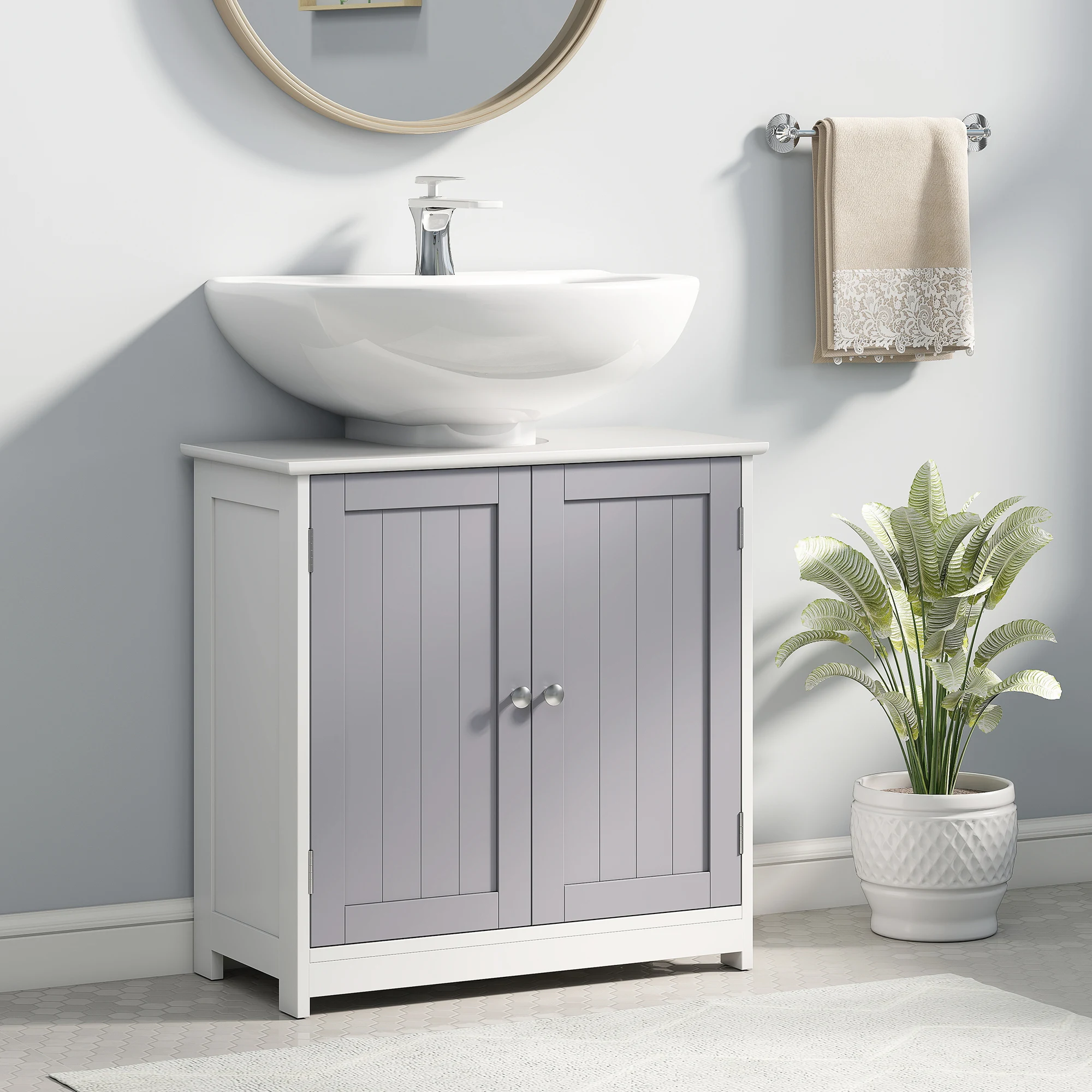 Pedestal Sink Storage Cabinet, Bathroom Sink Cabinet with U-Shape Cut-Out and Adjustable Shelf, White and Gray