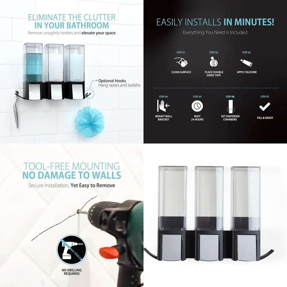 

Triple Dispenser for Soap and Shower Gel, Black and Chrome Finish