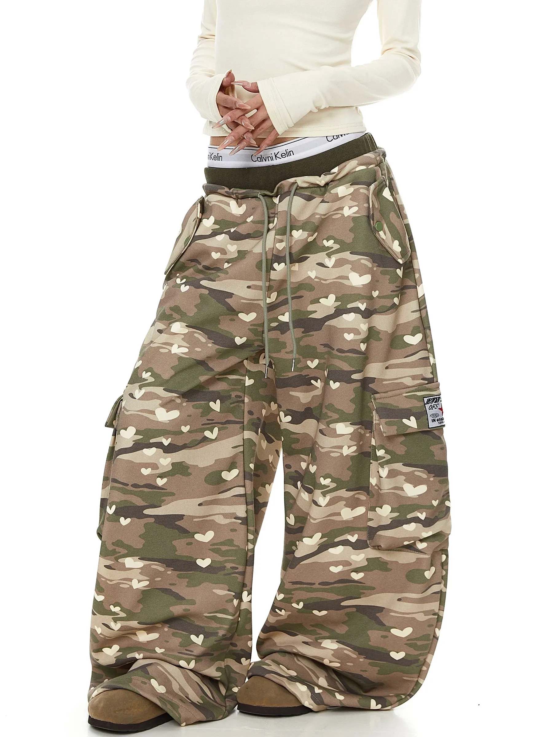 American Style Camouflage Wide Leg Casual Pants Men's Loose Drapey Dance Waist Printed Color Block Workwear Sweatpants