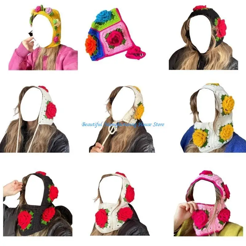 

E56A Women Hooded Beanie Crochet Flower Balaclava Knit Earflap For Girl Hooded Hat Scarf Hooded Beanie Hat Floral Beanie Cap