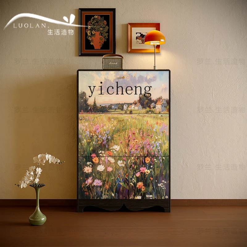 

ZK French pastoral painted ultra-thin tipping bucket cabinet, living room door decorative storage cabinet, entrance locker