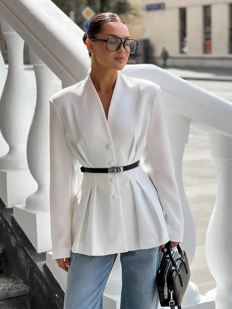 2025 Women Waist Suit Jacket V-Neck Elegant Autumn And Winter Slim High-End Design Tops Coat Female Clothing