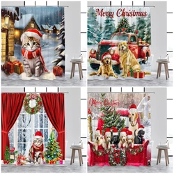 Funny Cat Dog Christmas Shower Curtains Red Farm Truck Animals Pet Xmas Tree Winter Forest Landscape Bathroom Curtain Decor Set