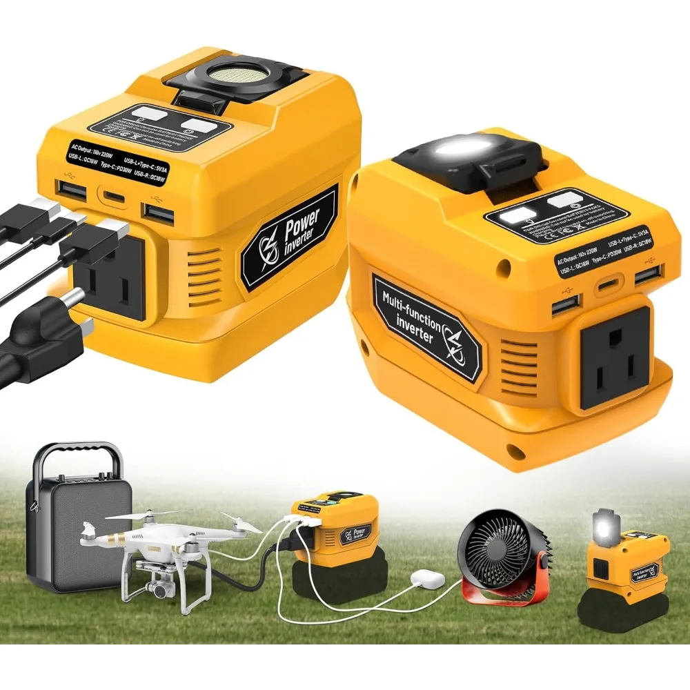 

220W Portable Power Inverter with AC Outlet, USB Ports & LED Light for 18V/20V Batteries (2-Pack)