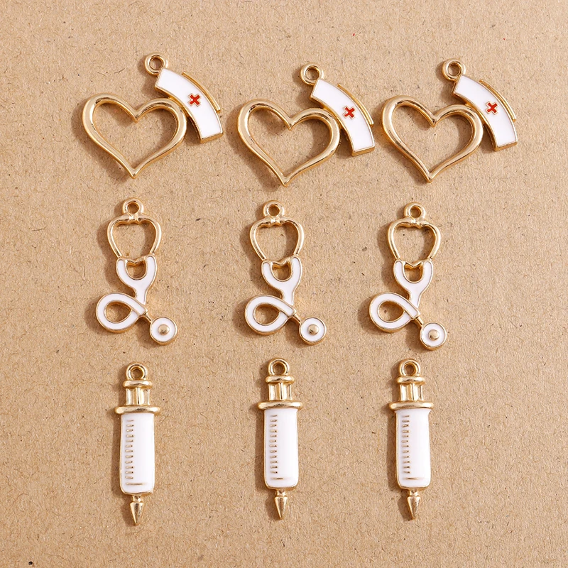 10pcs Doctor Medical Tool Charms Injection Syringe Stethoscope Pendants for Jewelry Making Earrings Necklaces DIY Craft Supplies