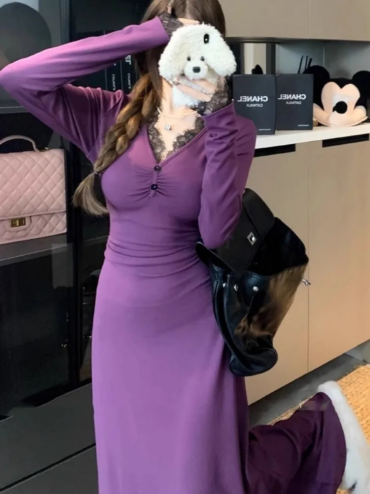 

Женское облегающее платье Ele с кружевными вставками и V-образным вырезом, длинное, для весны, осени и зимы, базовое, для ношения под одеждой, с эффектом похудения