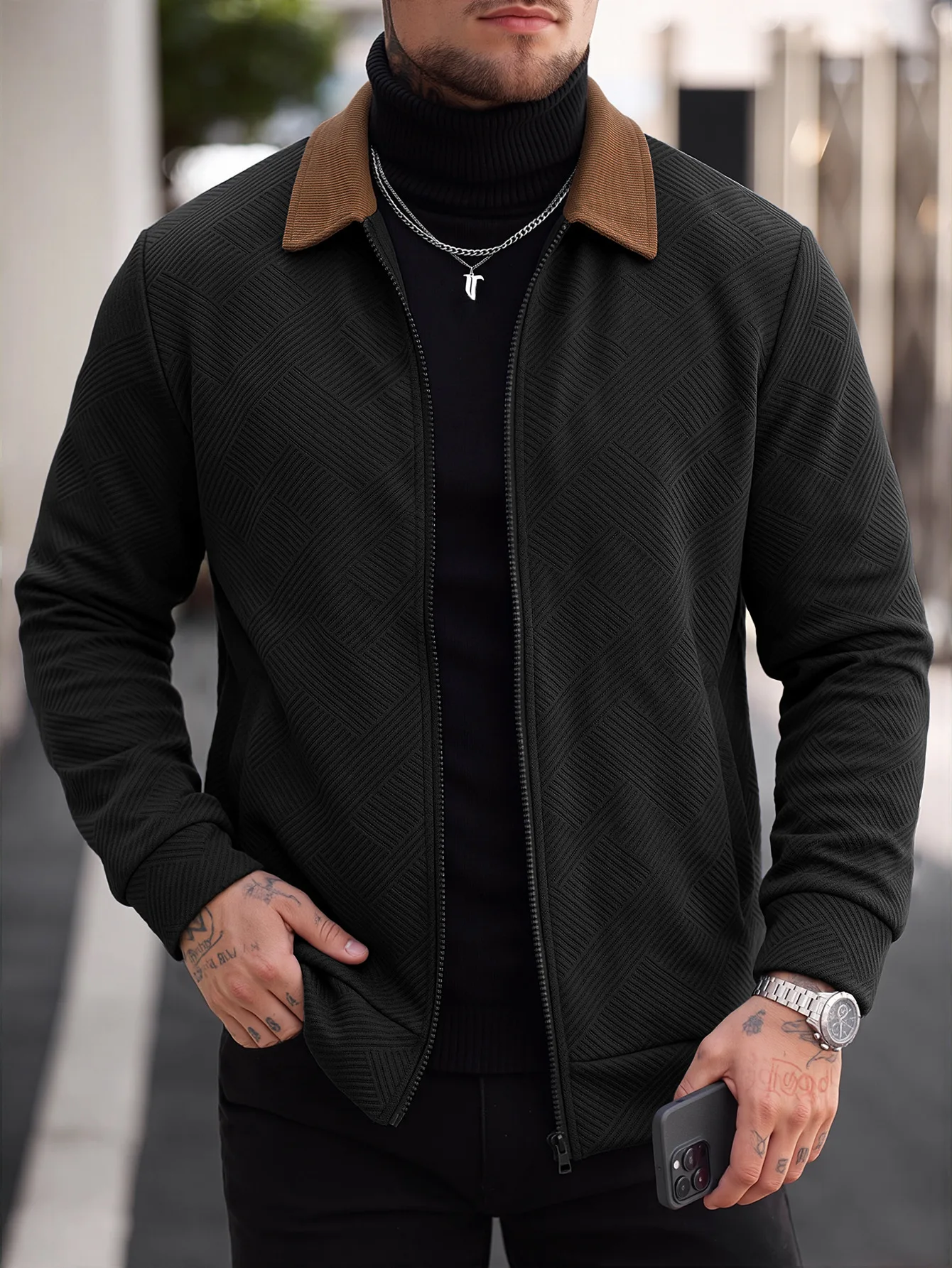 Autumn New Popular Waffle Outdoor Polo Collar Jacket Men's Coat Nick Garment Casual Sports Zipper Cardigan Long Sleeve Coat