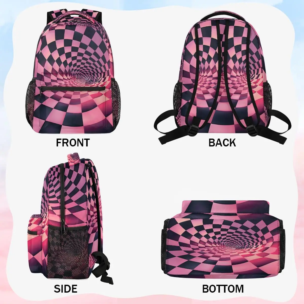 Black And Pink Checkerboard Travel Backpack 18 Inch For Women Men Water Resistant Shoulder Rucksack Daypack For Nurse Work