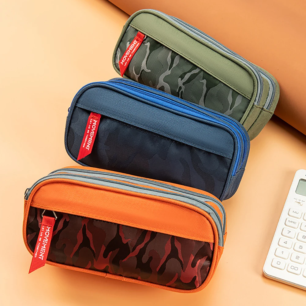 Double zipper camouflage canvas pencil case Boys pencil bag School stationery bag Student pen case School supplies storage bags