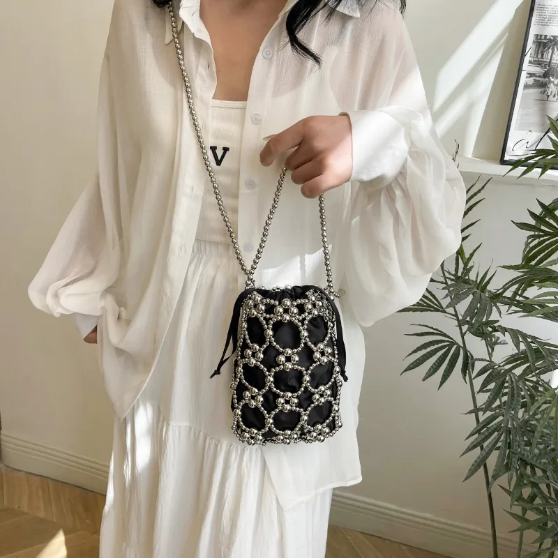 White Beading Bucket Shoulder and Crossbody Bags Exquisite Sense of Luxury Fresh Party Handbags for Women 2024 Fashion on Sale