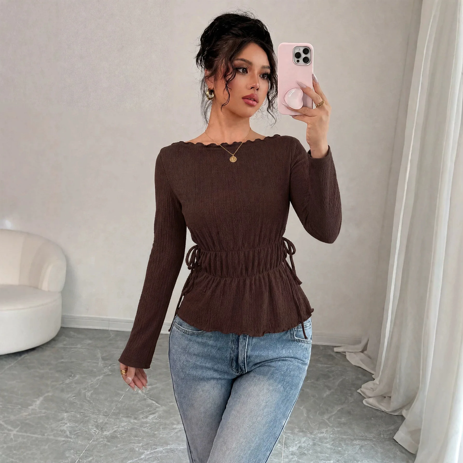Women Fall Winter New Elegant Texture Off Shoulder Top Waist Slim Ruffle Hem Long Sleeve T Shirt