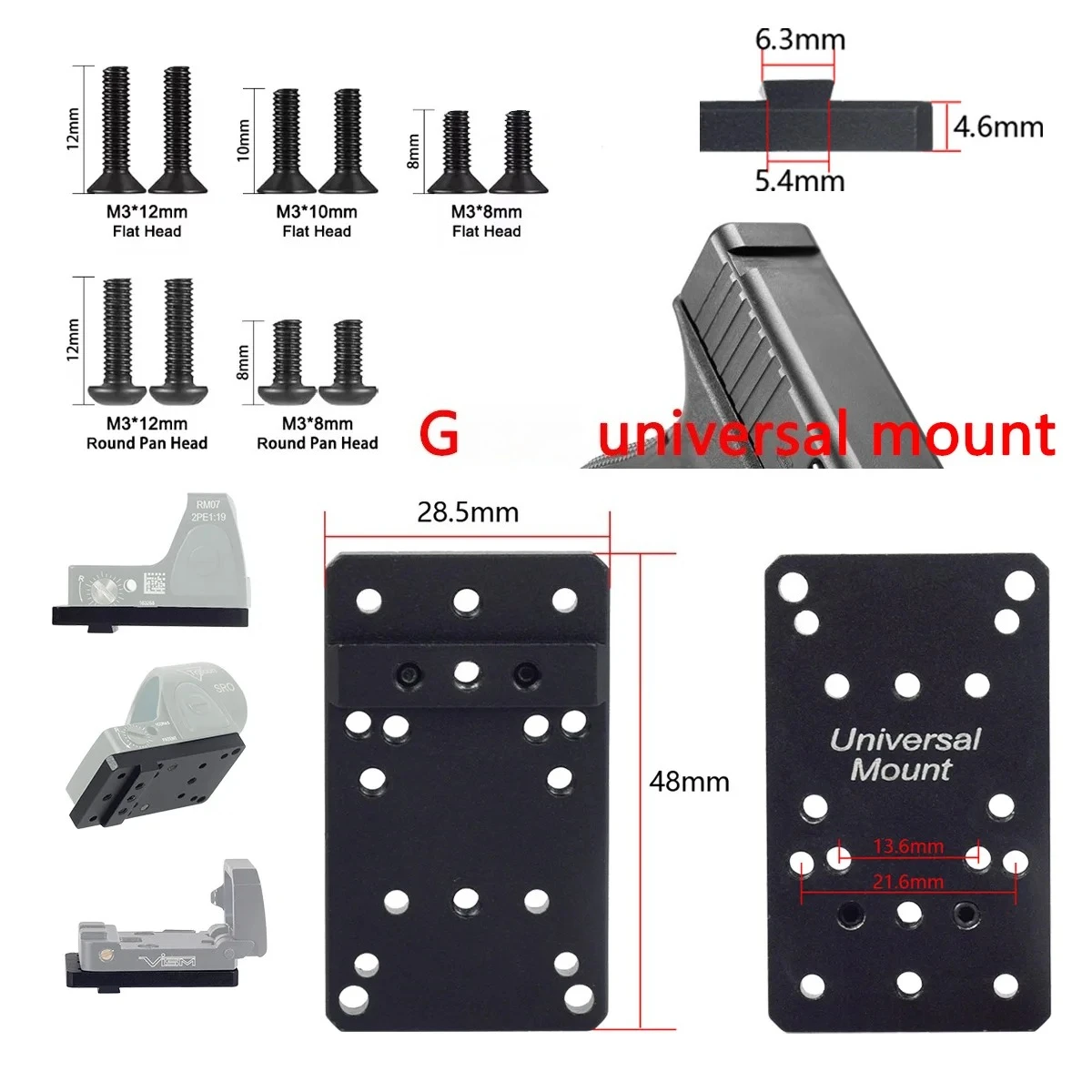 Tactical Universal Metal Mount Fits for GLOCK 17 19 Red Dot Sight Scope M3 Screw Kit M3 8/10/12mm Compatible Adapter