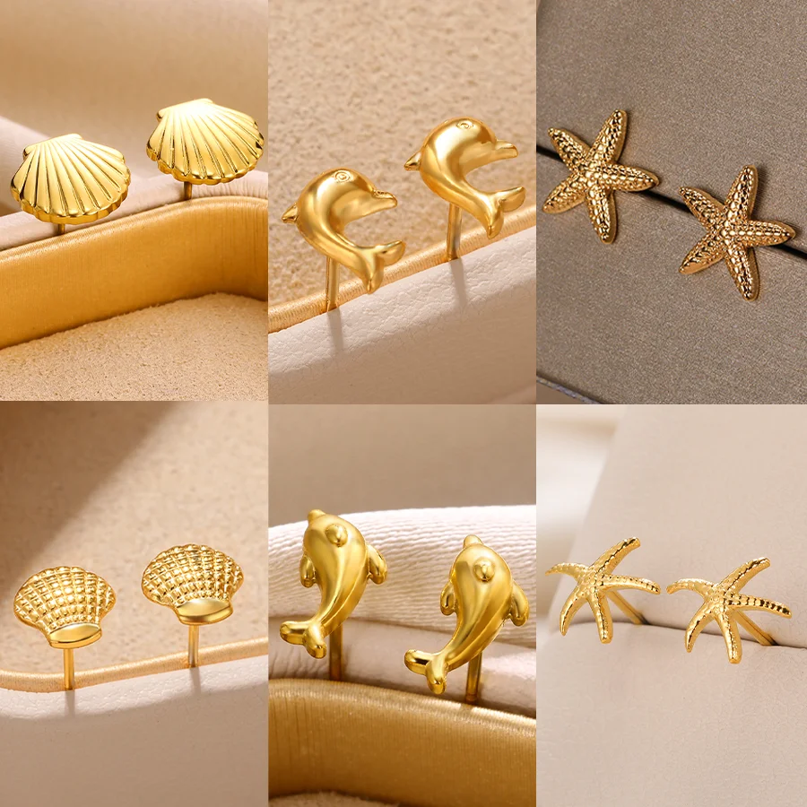 Stainless Steel Shell Earring for Women Gold Color Starfish Ear Studs Vintage Marine Life Jewelry Dolphins Piercing Earrings