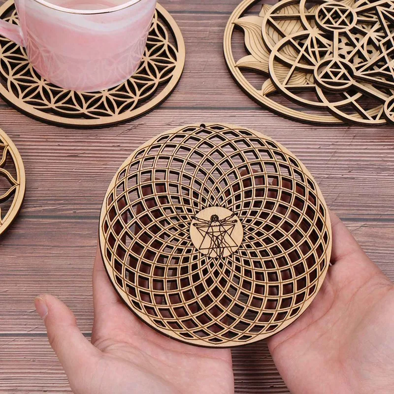 24Pack 14Cm Wooden Wall Sign Flower Of Life Shape Coaster Wood Wall Art DIY Coaster Craft Making Geometry