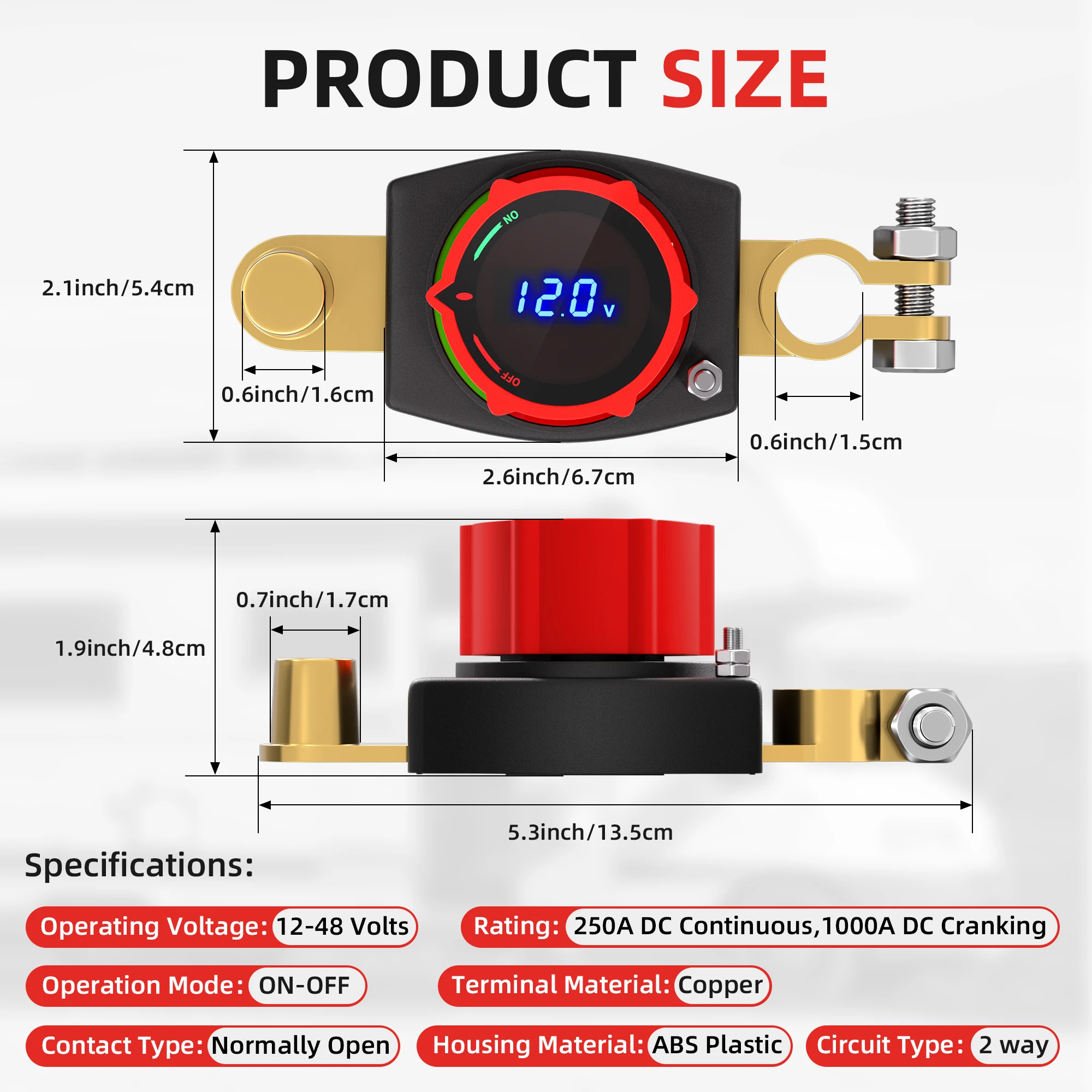 Side Post Battery Disconnect Switch 12V-48V with Led Voltmeter Display DC 5-60V Battery Kill Switch Battery Cut Off Switch