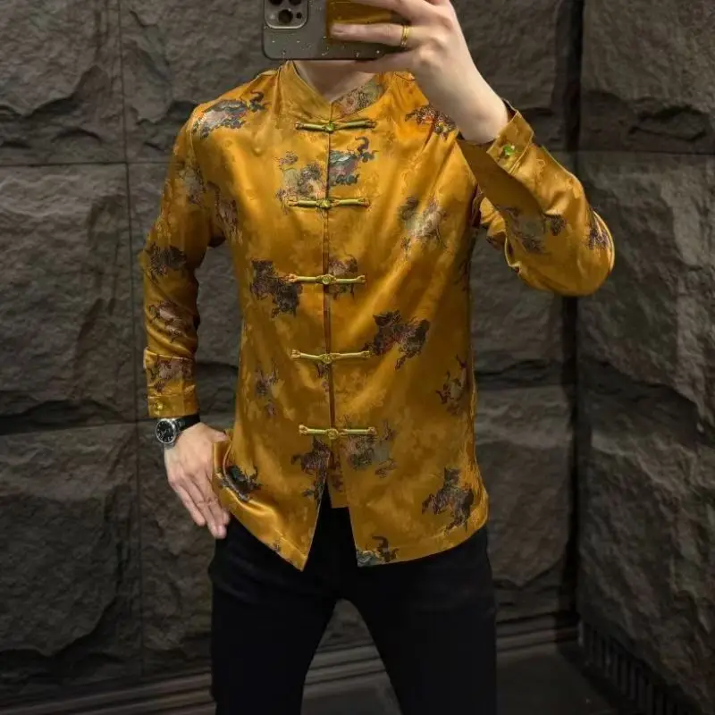 

Spring Autumn New Sle Men's Long Sve irt Faionable Open Cardigan Collar Button up Slim Fit Iron Free Thin Model irt