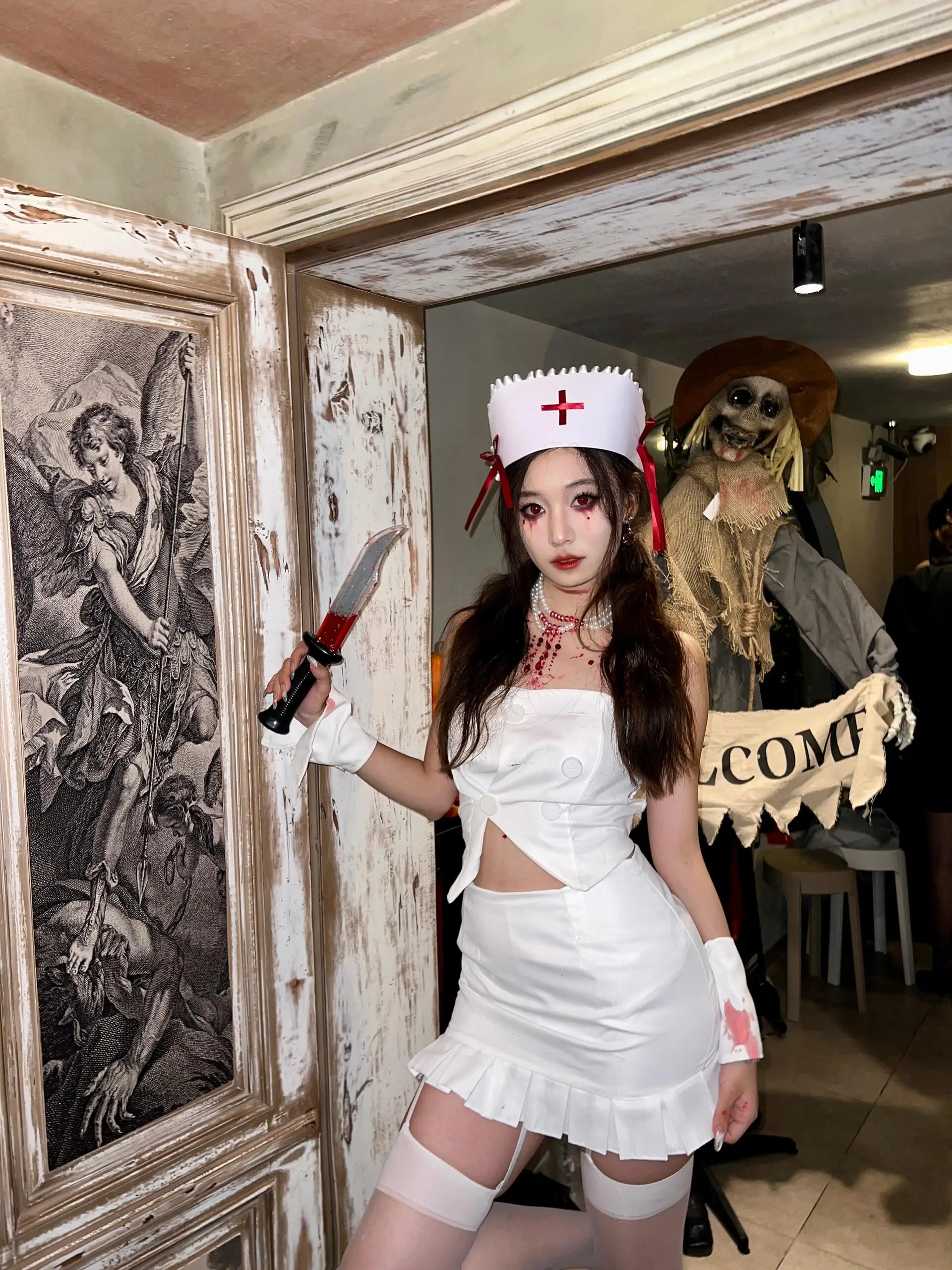 Wit konijn heet meisje top taille ontbloot ort rok Halloween kostuum bijpassende set Splice organza drukte zomeroutfit