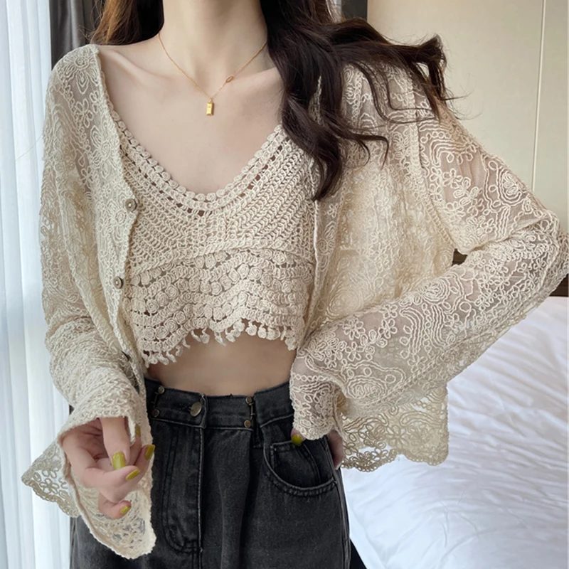 

Hollow out vintage tassel knitted camisole for women's summer lace cardigan set new two-piece set