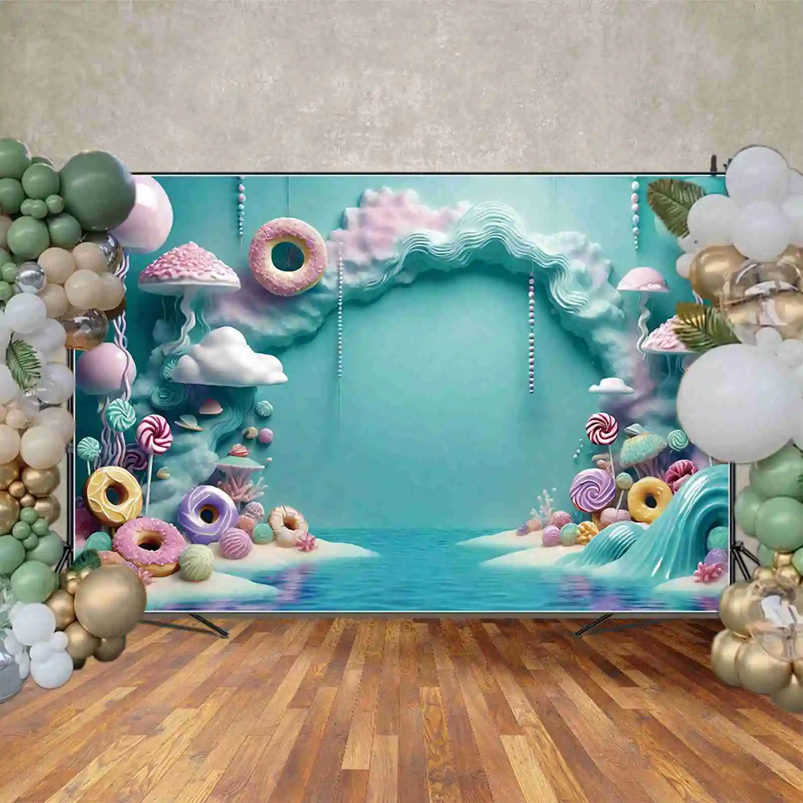 MOON.QG خلفية لحفلة عيد ميلاد الطفل ، الدعائم للتصوير الفوتوغرافي الفوتوزون ، المحيط تحت البحر ، خلفية الدونات ، لافتة زرقاء ، الصيف