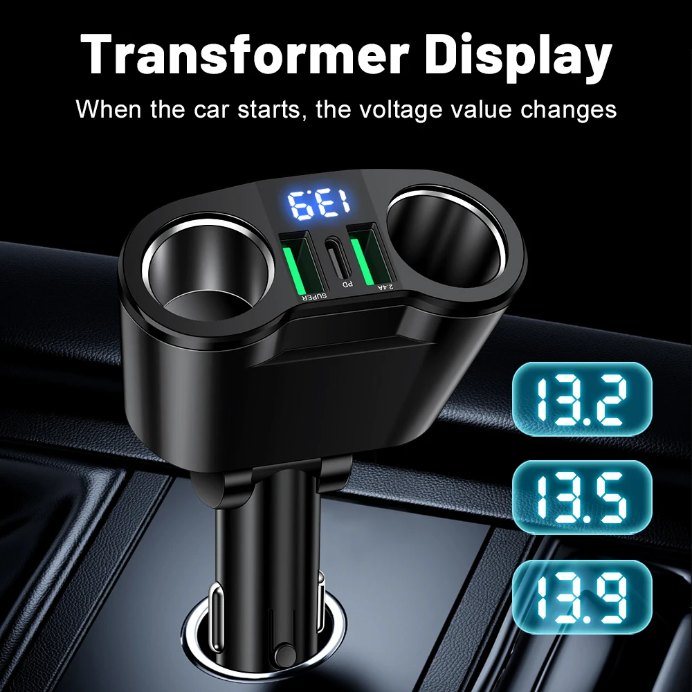 USB Car Charger Adapter Type C Multiple Devices Charged at the Same Time with Digital Display Dual-port USB Car Charger Adapter view 4