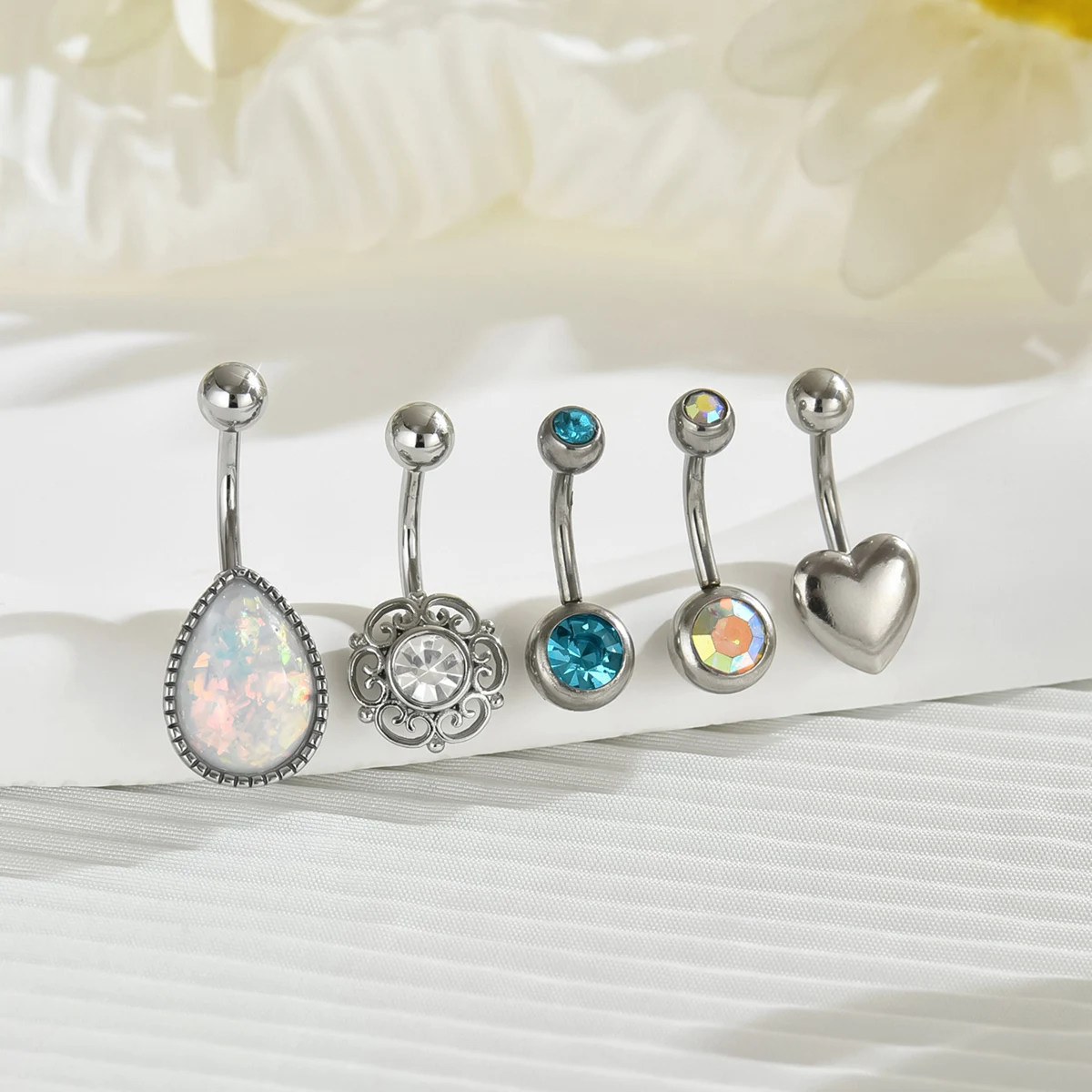 5 Pcs Water Drop Heart Spherical Navel Belly Button Ring Stainless Steel Imitation Opal Crystal Women'S Holiday Gift Party