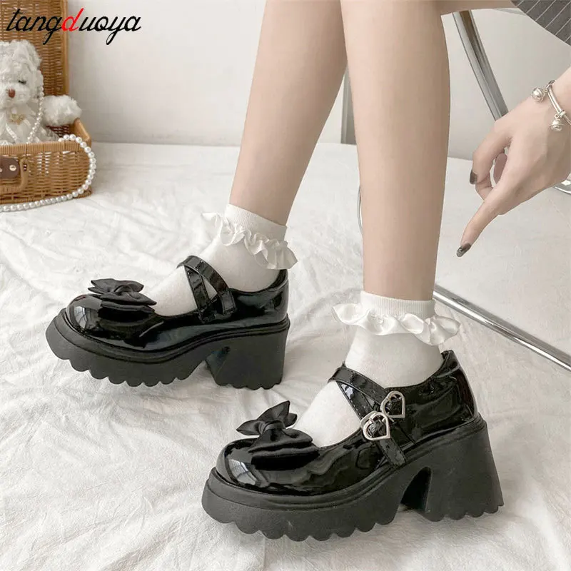 Lovely Lolita Shoes for Women Sweet Bowtie Platform Mary Janes shoes Woman college style Jk Uniform shoes Pu Leather Flats 2024