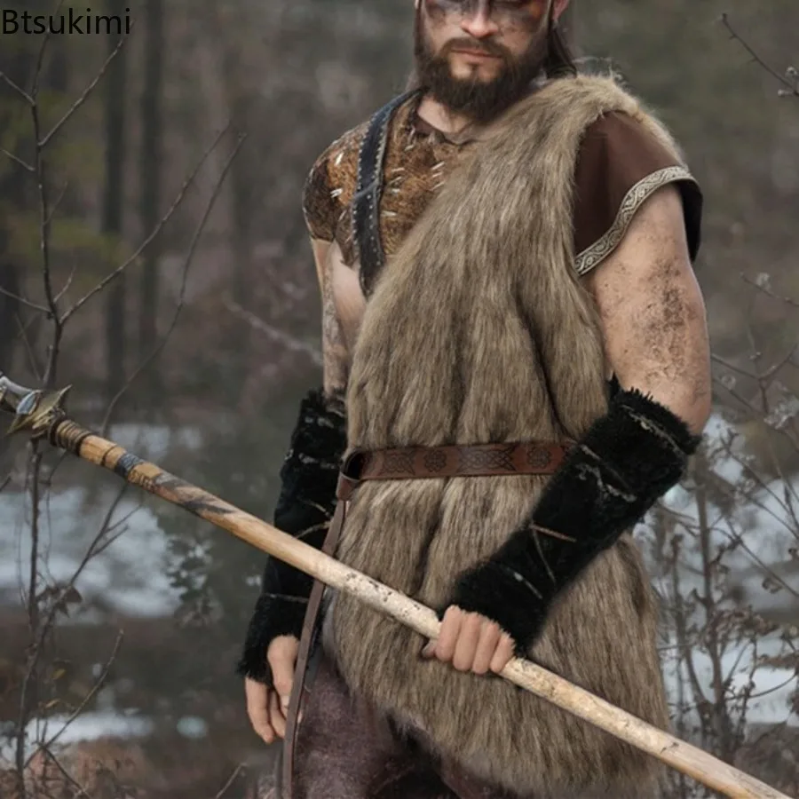 Chaleco de Piel Sintética Medieval para Hombre 2026, Chaleco Marrón Peludo, Disfraz de Esquimal con Cinturón, Diseño de Chaleco de Manga Única para Halloween