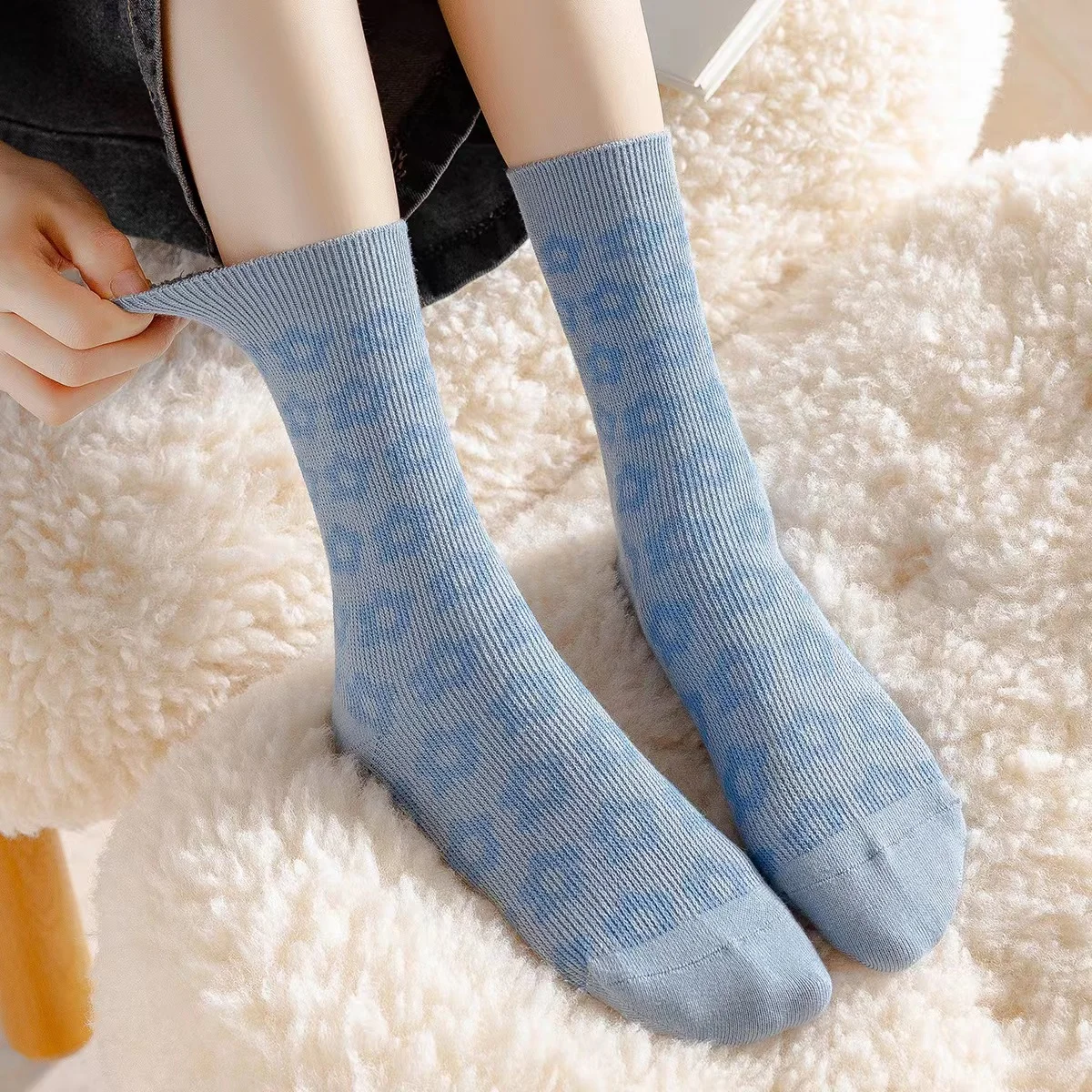 4Pairs/Lot New Design Blue Socks Comfortable Cotton Women Socks Ladies Breathable Double Needle Knitted Socks