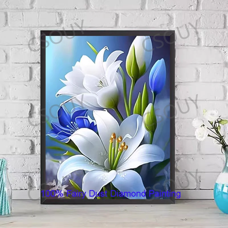 

100% Fairy Dust Diy Diamond Painting Cross Stitch Purity White Lily Flower Embroidery Square Mosaic Home Decor Needlework Crysta