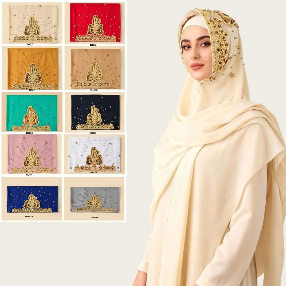 

170×70cm Chiffon Hijab Scarf Silk Chiffon Gold Beads Embroidery Long Hijab Scarf Sequin Wraps Long Length Women Headscarf