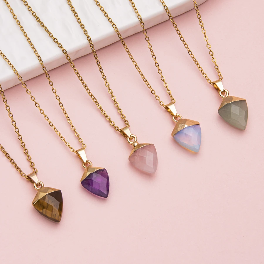 1pc stainless steel adjustable natrual crystal stone gemstone agate Section triangular column simple cusp pendant necklace