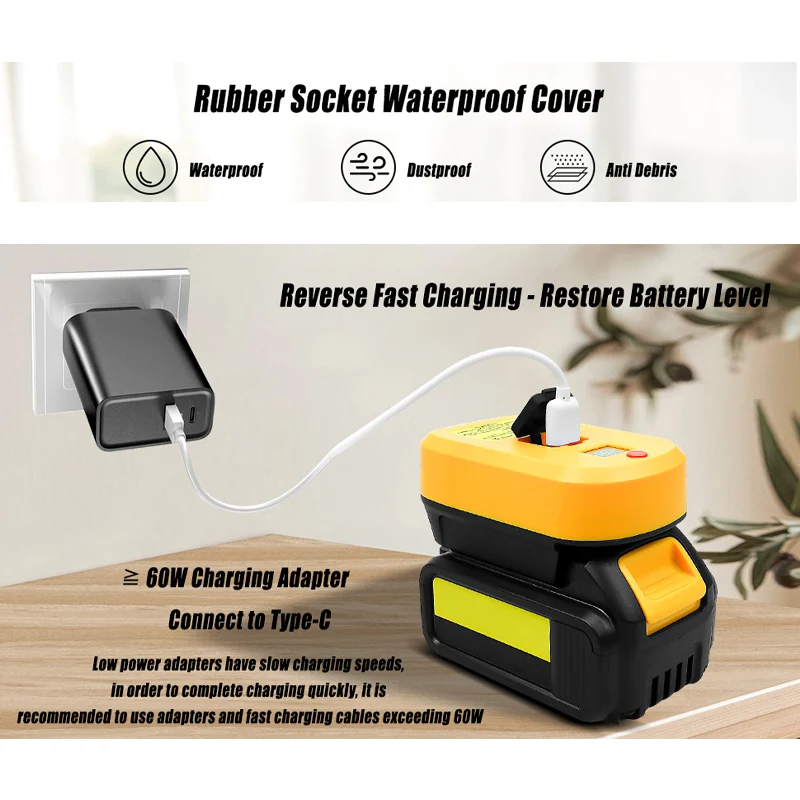 USB Charger Adapter For Dewalt 18V 20V 60V Battery 60W Fast Charger Battery Adapter Portable Power Supply Station USB Type-C