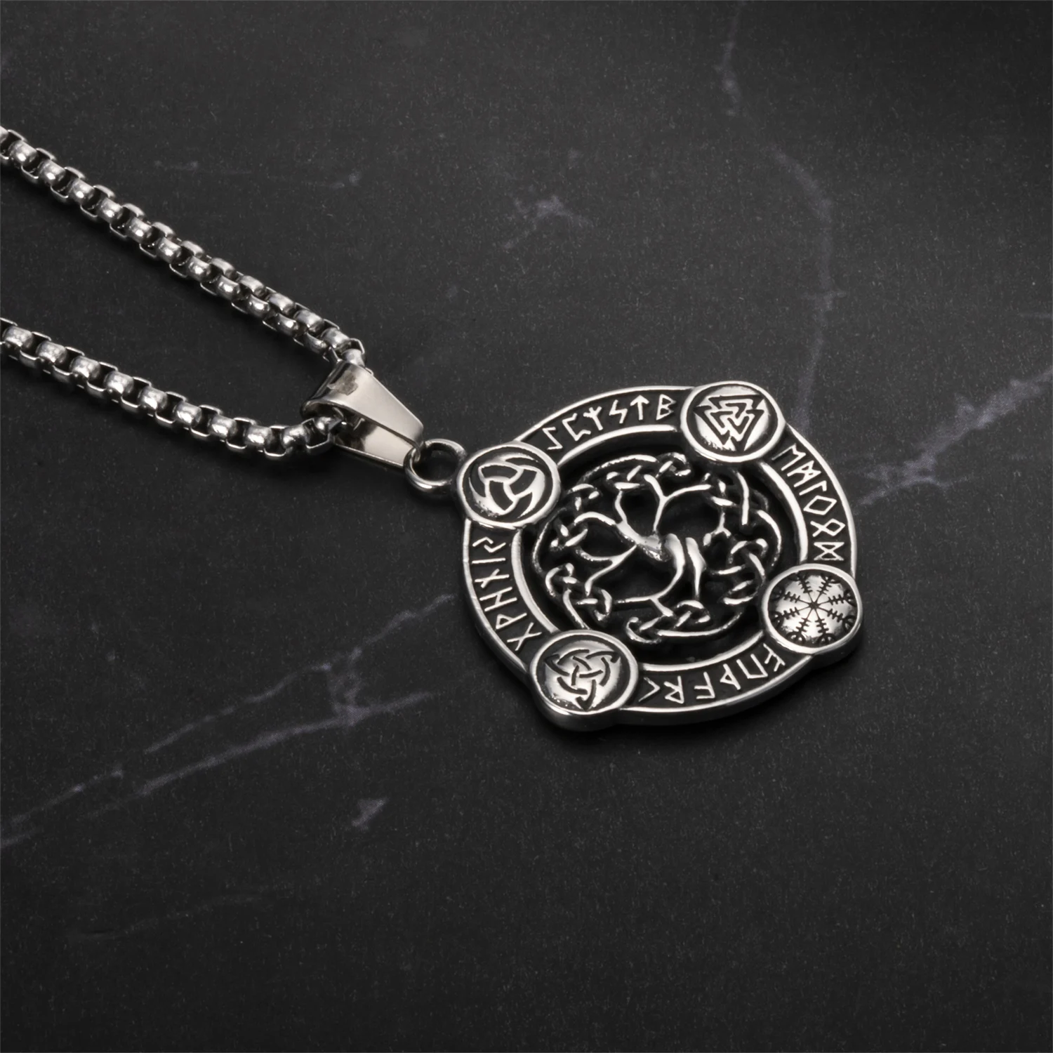 Celtic Tree of Life Round Necklace Norse Compass Valknut Odin Symbol Runes Amulet Pendant Stainless Steel Chain Antique Jeweley