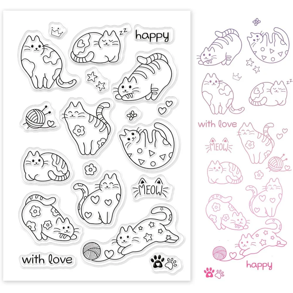 Cute Cats Silicone Clear Stamps Cat Paw Print Transparent Stamps for Birthday Valentine's Day Cards Making DIY Scrapbooking