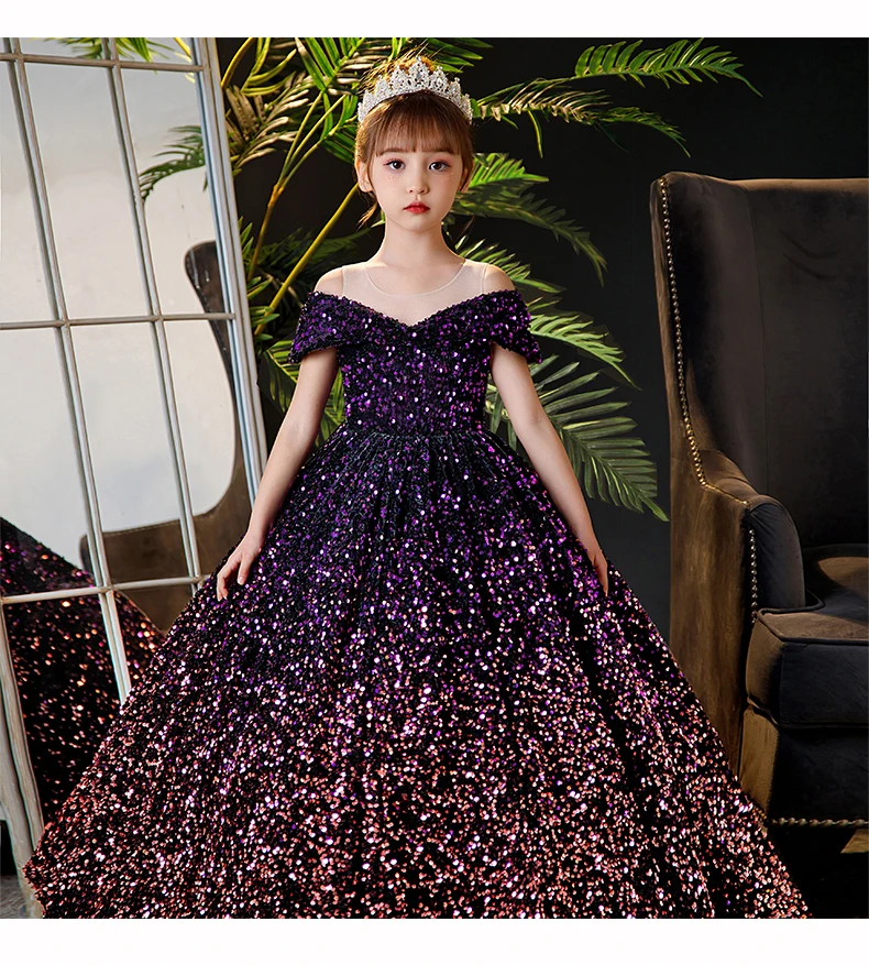 Girls Dress Purple Wine Red Gradient Sequins Girls Princess Dress High-end Birthday Party Dinner Dress Floor-length Long Skirt