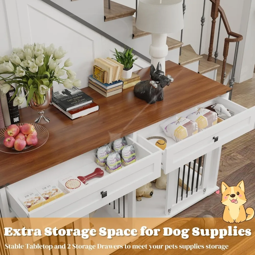 Double Dog Crate Furniture for 2 Dogs, XXL Wooden 2 Dog Kennel, Wooden Dog Kennel with 2 Drawers,Divider