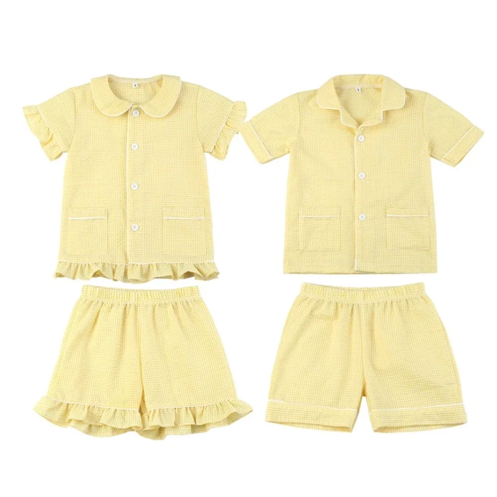 Baby Pyjamas Summer Clothes Gilrs Matching plaid Sleepwear Seersucker Soft Cotton Sibling Outfits Boys Girls Pajamas Sets